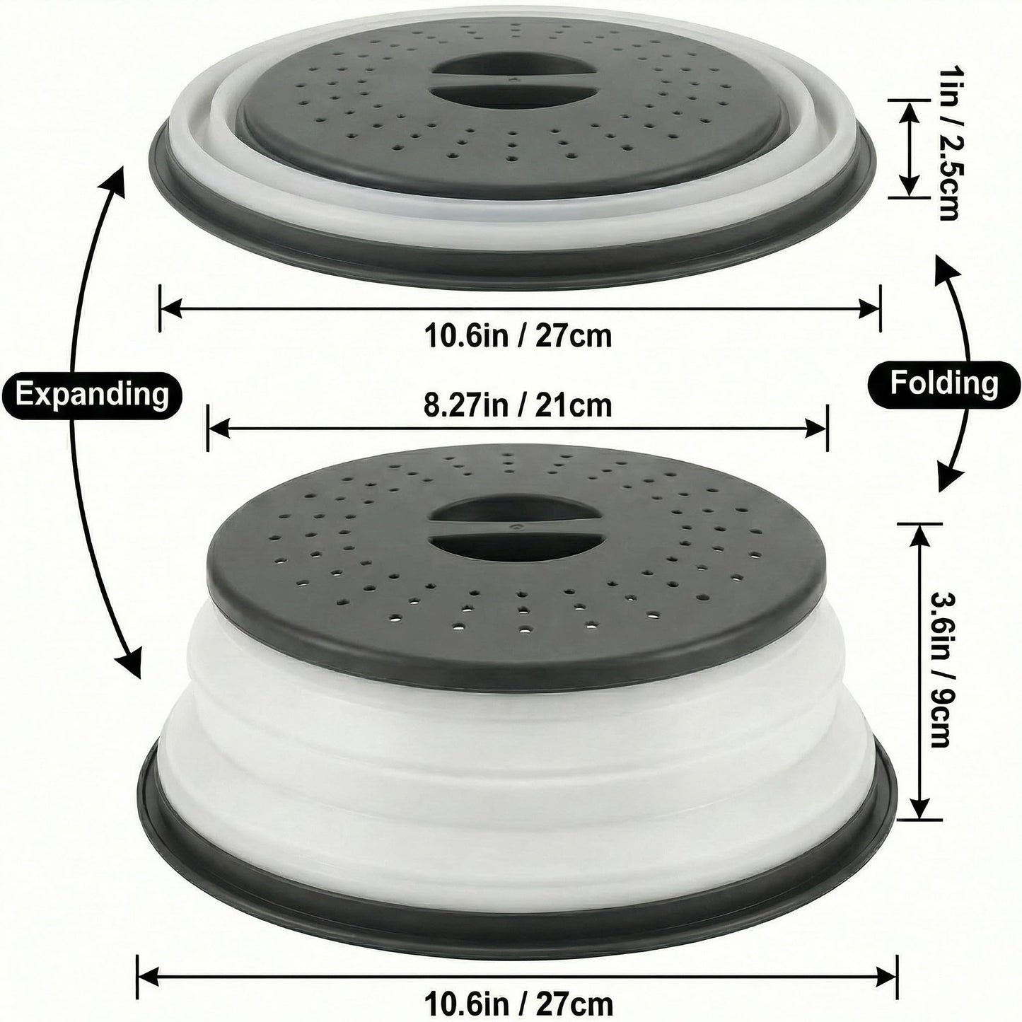 WENWELL Collapsible Microwave Splatter Cover for Food, Vented Microwave Plate Cover Lid 10.5 inch, BPA-Free Silicone & Plastic, Dishwasher Safe, Multipurpose Colander for Fruit Vegetable, Black