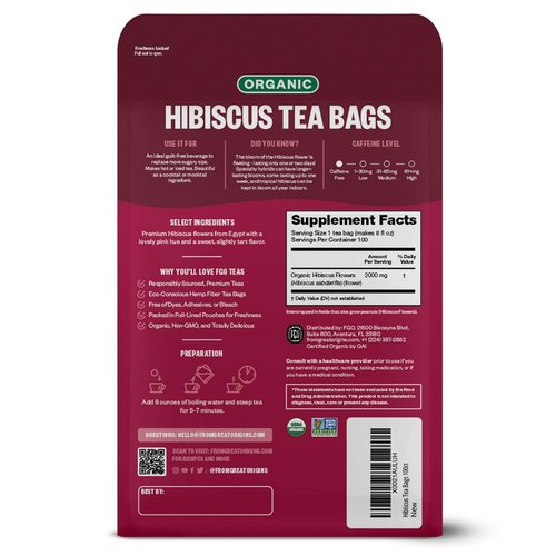 FGO Organic Hibiscus Tea - Caffeine-Free Eco-Conscious Tea Bags | 100 Count Pack