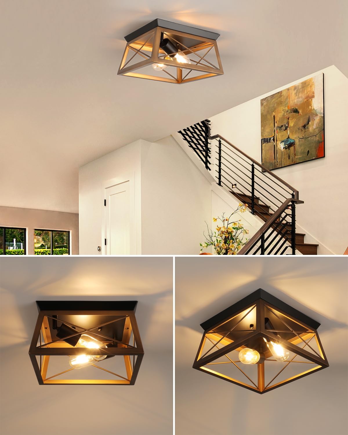 Farmhouse Flush Mount Ceiling Light Oak White Ceiling Light Fixtures 2-Light Industrial Vintage Metal-Framed Ceiling Lighting for Hallway Foyer Kitchen Dining Room Bedroom Living Room Laundry