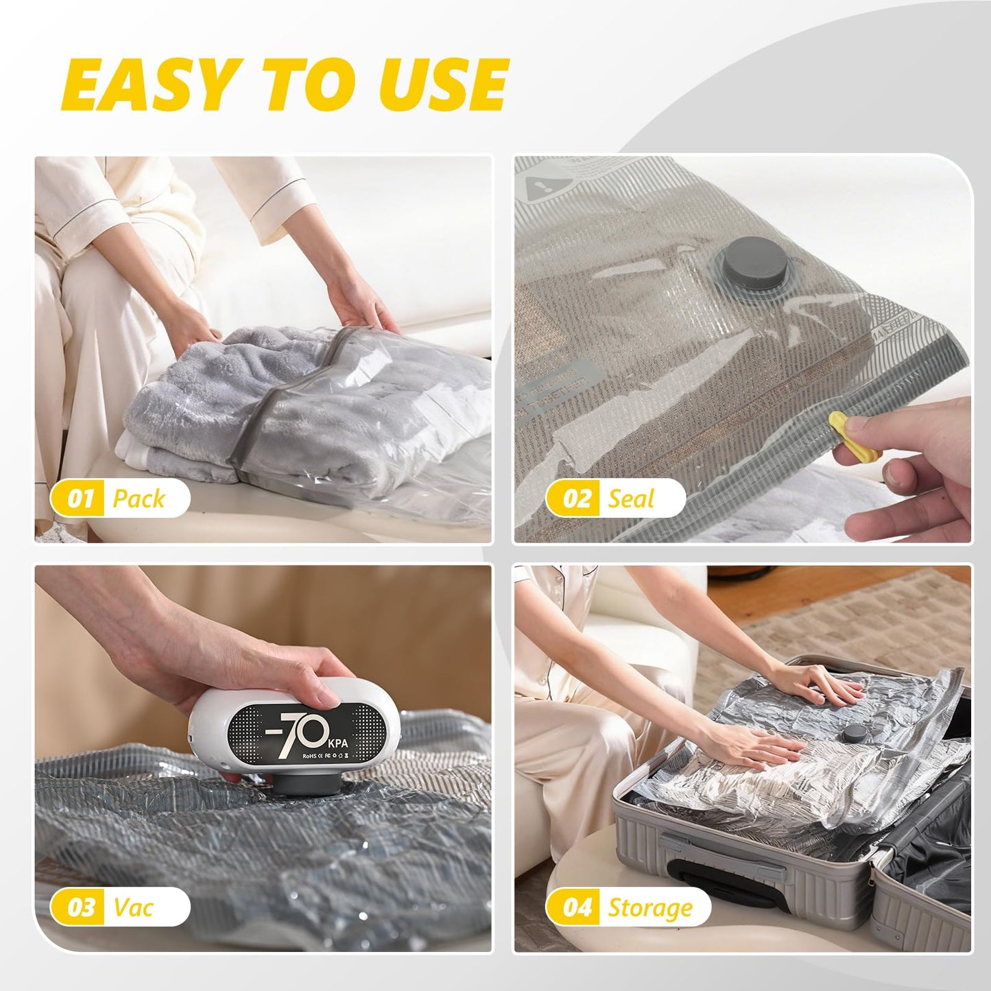 15 Pack Vacuum Storage Bags with -70KPa Electric Pump, Premium Tear-Resistant Reusable Bags for Clothing, Space Saving Essentials for Travel, White