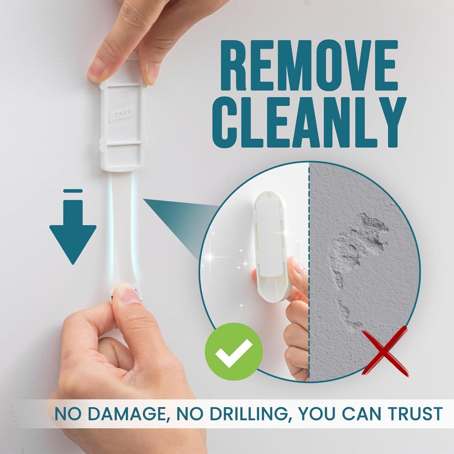 TAILI Heavy-Duty Sticky Hooks - No Damage Utility Hooks for Painted Walls | Removable & Reusable, 5 lb Capacity