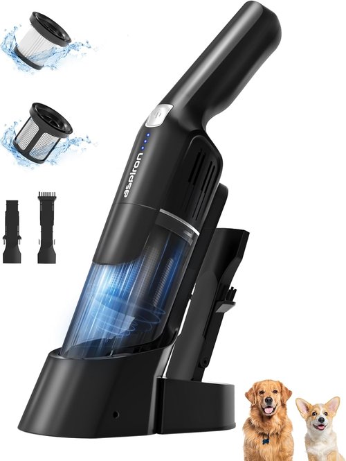 Aspiron Cordless Handheld Vacuum - 24KPA Powerful Car Vacuum with 2-Speed Settings | Portable & Ergonomic Design, Black Silver