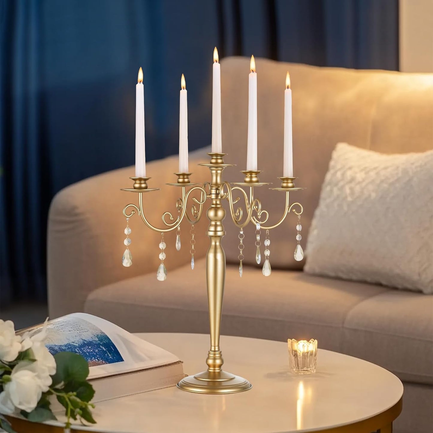 Sziqiq Gold Candelabra | 5 Arm Candle Holder - Vintage Metal Centerpiece for Weddings & Dining Tables