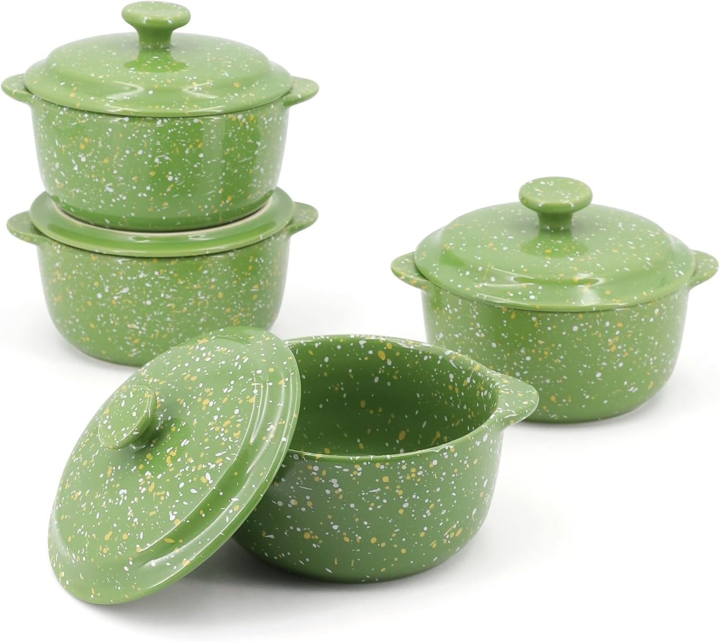 Skiennix Mini Ceramic Casserole Dishes - Oven-Safe 10 Oz Ramekins with Lids & Handles | Perfect for Soufflé, Soup, Cobbler, Green 4-Pack