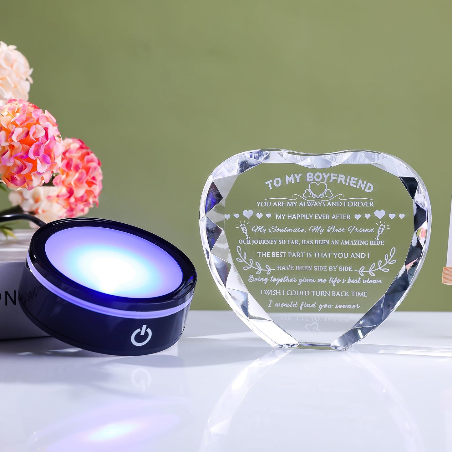 YWHL Gifts for Boyfriend with Colorful LED Base Unique Boyfriend Birthday Gift Ideas from Girlfriend Romantic Heart Crystal Keepsakes to My Boyfriend Gifts for Anniversary Christmas Valentine Day