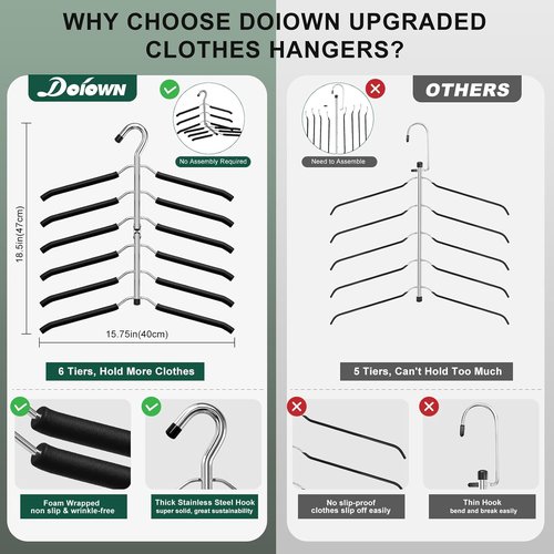 DOIOWN 6-Tier Space Saving Coat Hangers - Non-Slip Foam Padded Black Metal for Men & Women | 2 Pack Closet Organizers