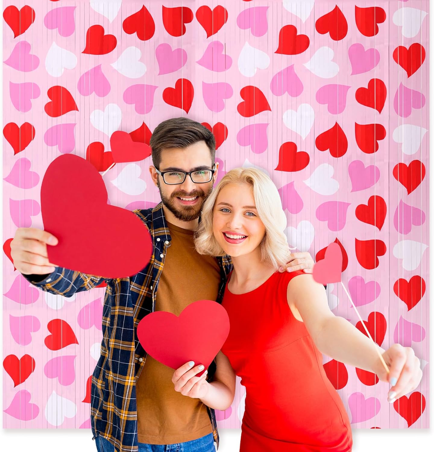 Mega-L Birthday Party Decorations - 2 Pack Red Pink White Heart Foil Fringe Curtains | 3.3X6.6 ft Tinsel Backdrop