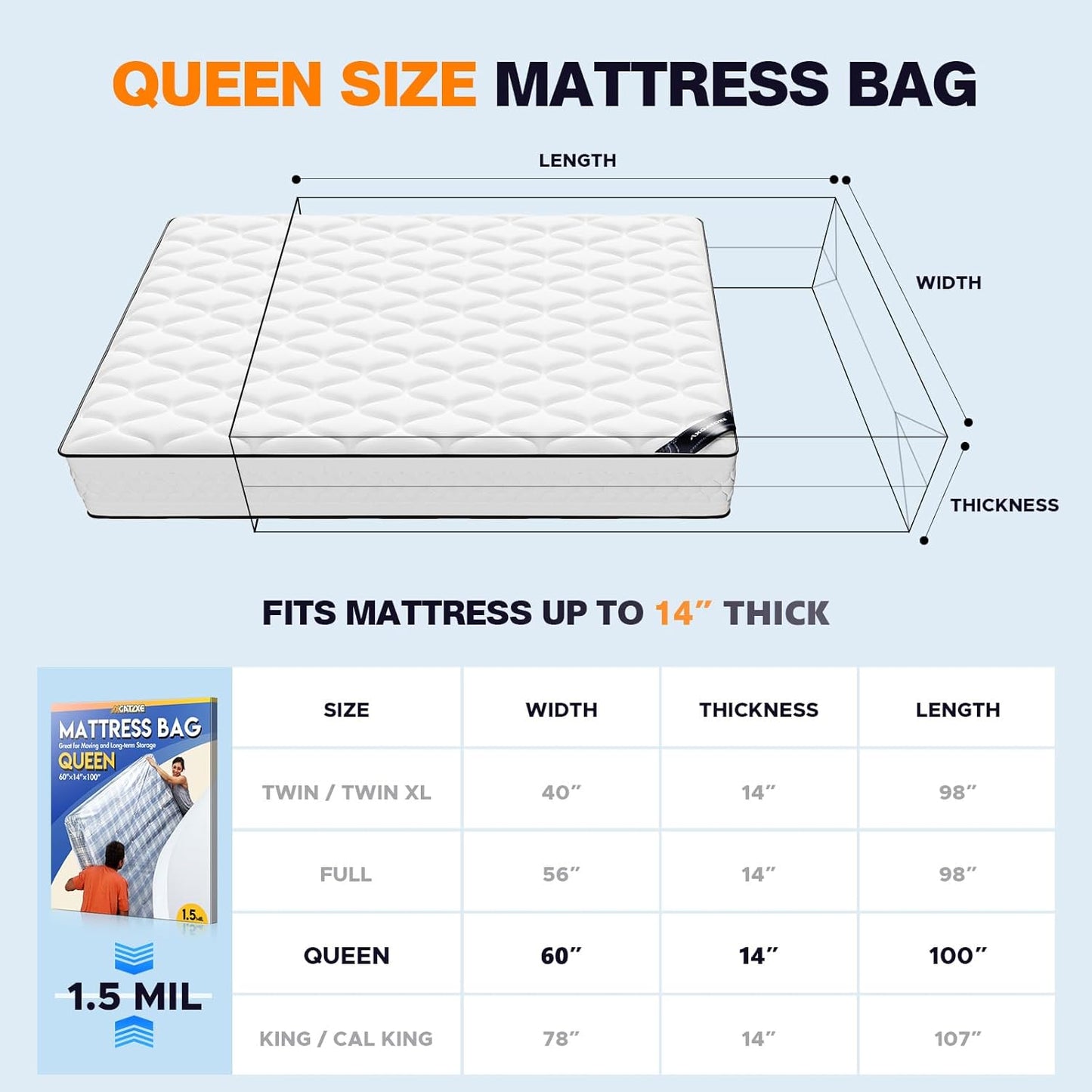 Regine Switzerland Waterproof Mattress Bag - Heavy-Duty Protector for Moving | Queen Size (1.5MIL)