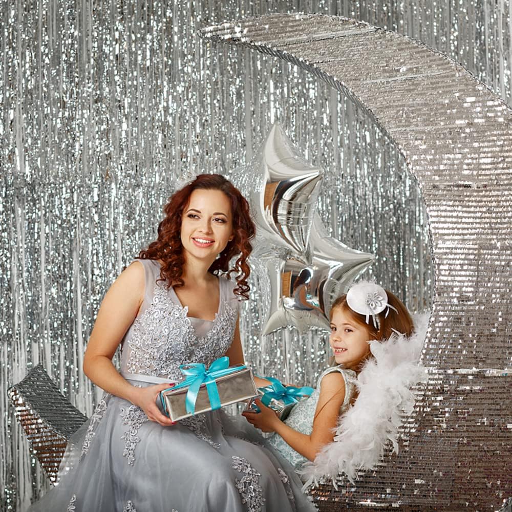 Skiennix Silver Backdrop Curtain - 10 Pack Foil Fringe Tinsel Streamers for Parties & Events