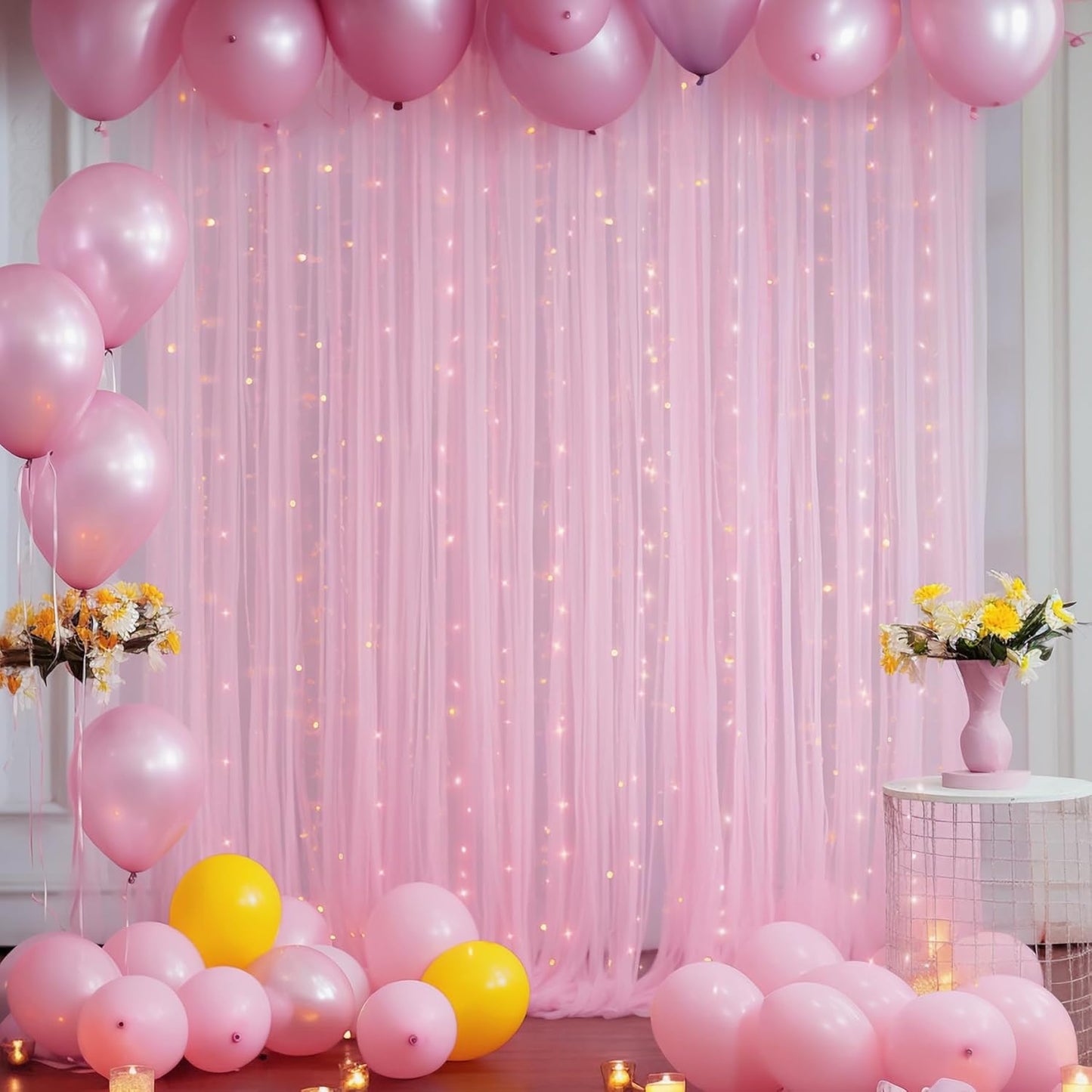 Skiennix 10ft x 10ft Pink Backdrop Curtain - Sheer Tulle with String Lights for Weddings & Parties