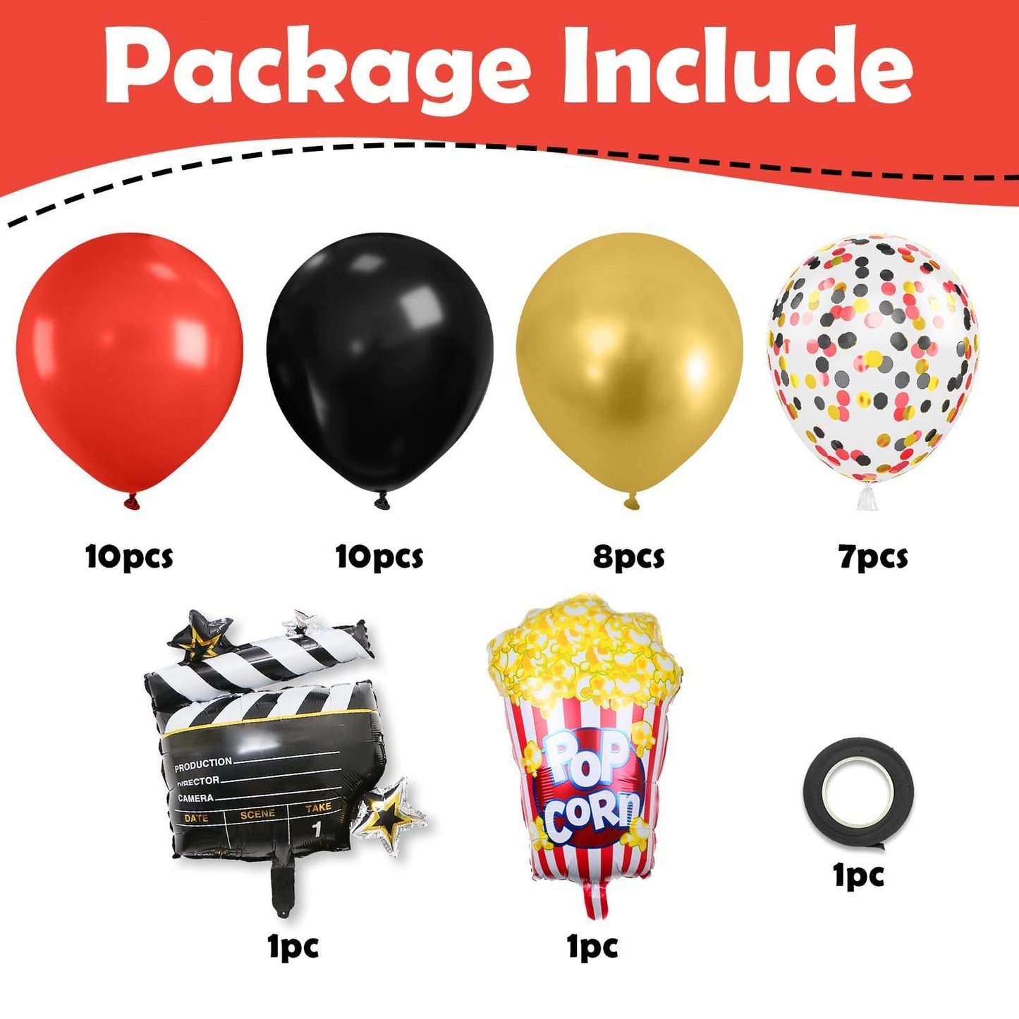 Movie Night Party Balloons, Red Black Gold Confetti Balloons with Film Clapboard and Pop Corn Foil Balloon for Boy Girl Movie Theme Party Decorations Graduation Baby Shower Birthday