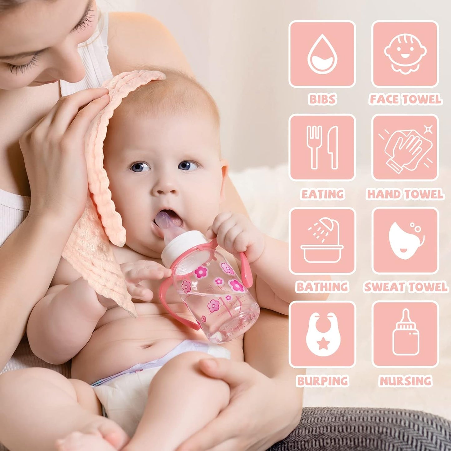 MUKIN Baby Washcloths - Soft, Absorbent Burp Cloths for Newborns | 6 Pack, 12x12 Inches (Pink)