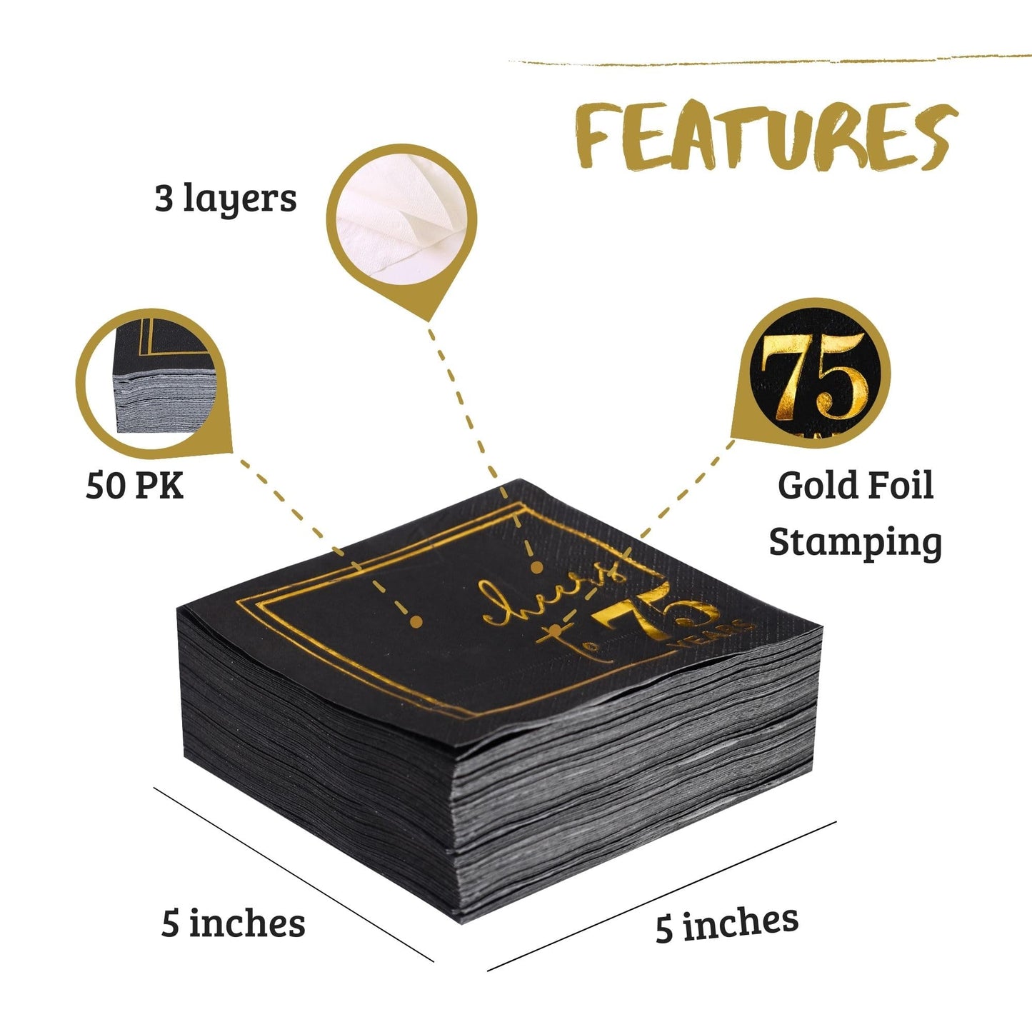 Cheers to Years Cocktail Napkins - 50 PK - 3-Ply Birthday Napkins 5x5 Inches Disposable Party Napkins Beverage Paper Napkins or Birthday Decorations Wedding Anniversary Black and Gold (75 Years)