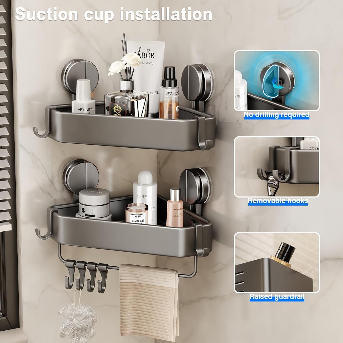 Mustorn Suction Cup Shower Caddy - Rustproof Corner Organizer with Towel Holder & Hooks | 2 Pack (Gray)