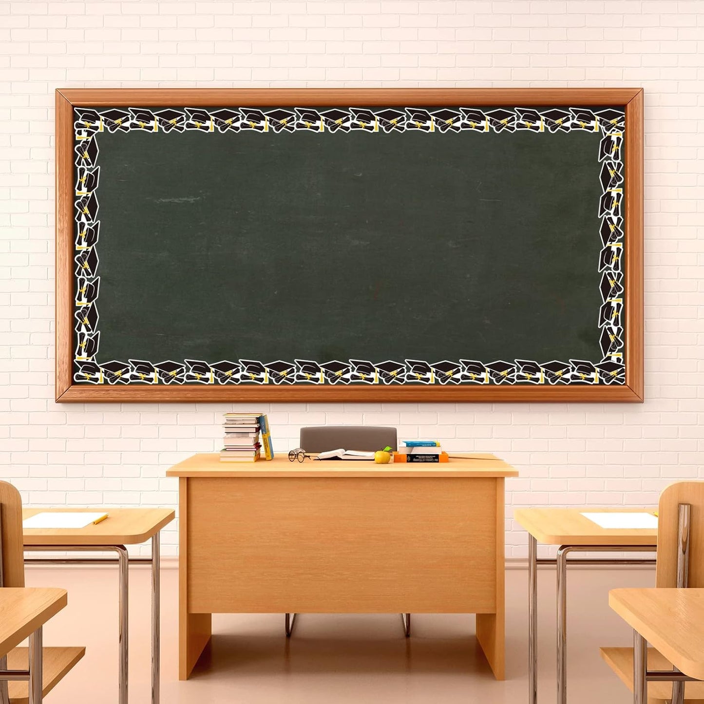 Whaline Graduation Bulletin Board Border - 69Ft Black, Gold & White Cap Firework Design for School Decor