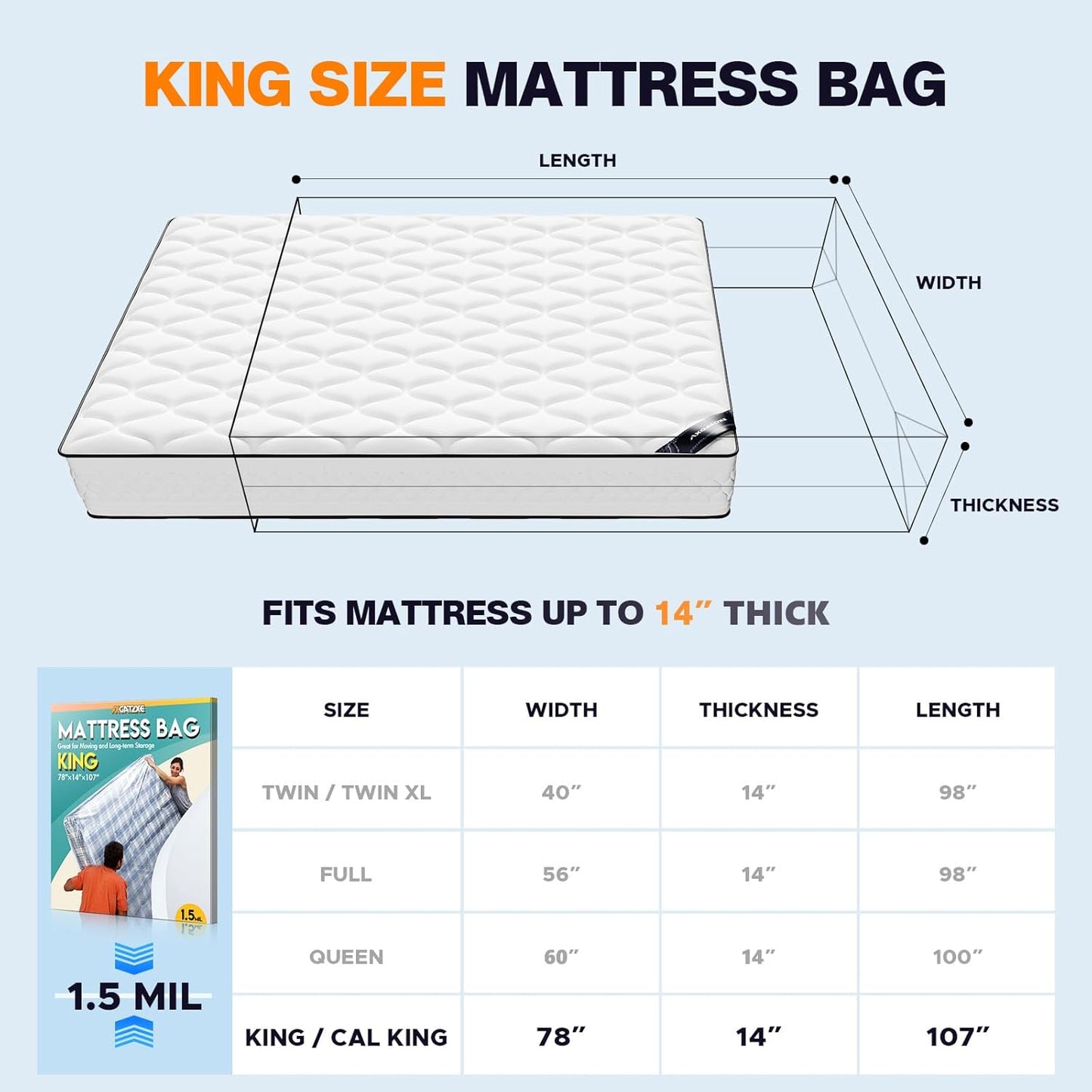 Plastic Mattress Bag - Waterproof Mattress Protector for Moving Supplies | King Size (1.5MIL)