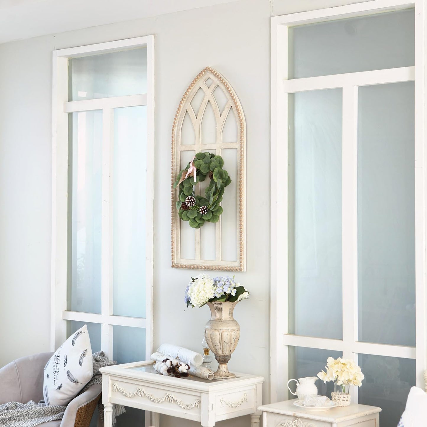 Synovana Arched Wooden Window Frame Wall Decoration, Rustic Farmhouse Wood Window Pane Hanigng Art Decor, 42 inches Gothic Cathedral Style Spire Design Wall Mounted Fake Window Decor, Distressed White