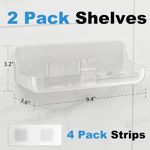 Adhesive Shower Caddy - 2 Pack Acrylic Bathroom Shelves | No Drill Wall Mount Organizer