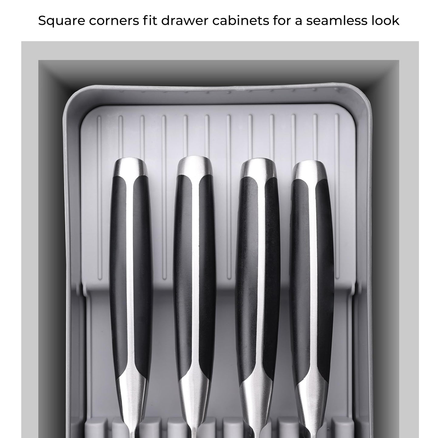Linoroso Knife Drawer Organizer With In-Drawer Knife Block for 9 Knives, Kitchen Utensil Organizer, BPA Free Secure Storage Tray for Countertop Organization
