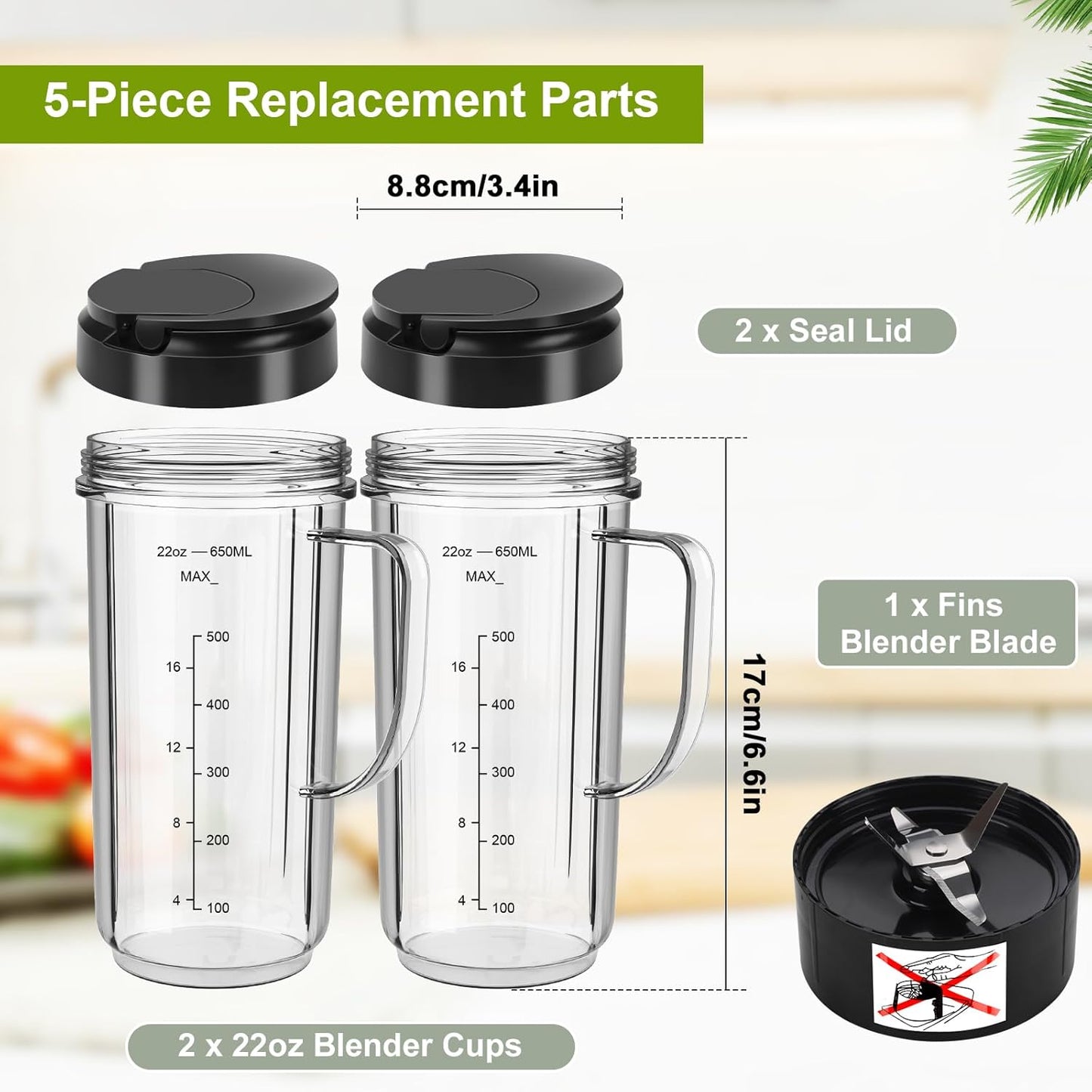 UBYNID Magic Bullet Blender Cups - 22oz Tall Replacement Cups with Flip Top Lid & 4 Fins Blade