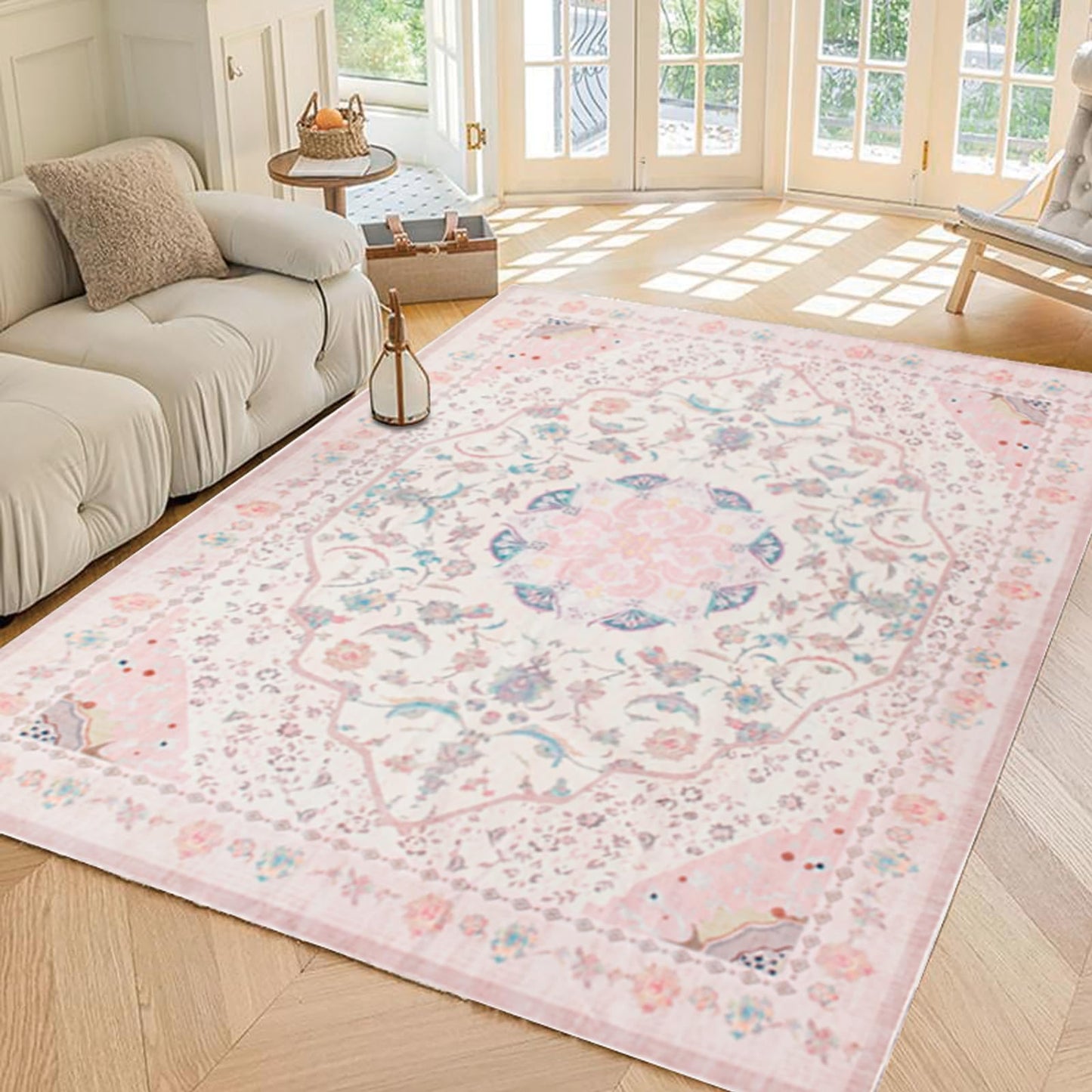 auruge Area Rug - Vintage 3x5 Non-Slip Backing Area Rugs Light Pink Soft Faux Wool Carpet Foldable & Machine Washable Rugs for Living Room Bedroom Dining Room Nursery Home Office