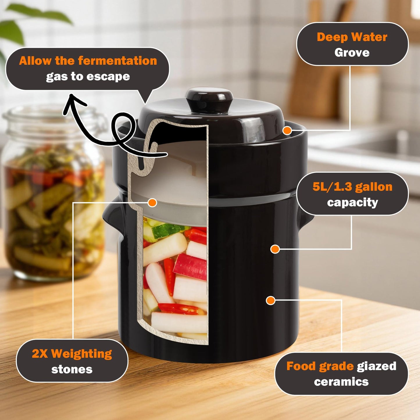 Seeutek Fermentation Crock Jar 5 Liter / 1.3 Gallon - Stoneware Pot for Fermenting, Pickling Kimchi, Pickles, Vegetables, Kombucha - Glazed Fermenter with Stone Weights, Lid & Pickle Tamper