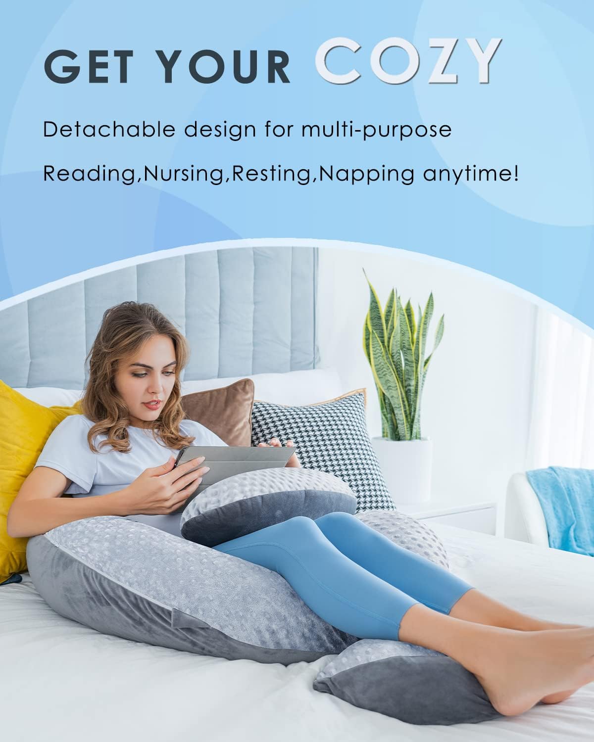 Queen Rose E-Shaped Pregnancy Pillow - Adjustable Full Body Maternity Support, 60 Inch, Grey Velvet Cover