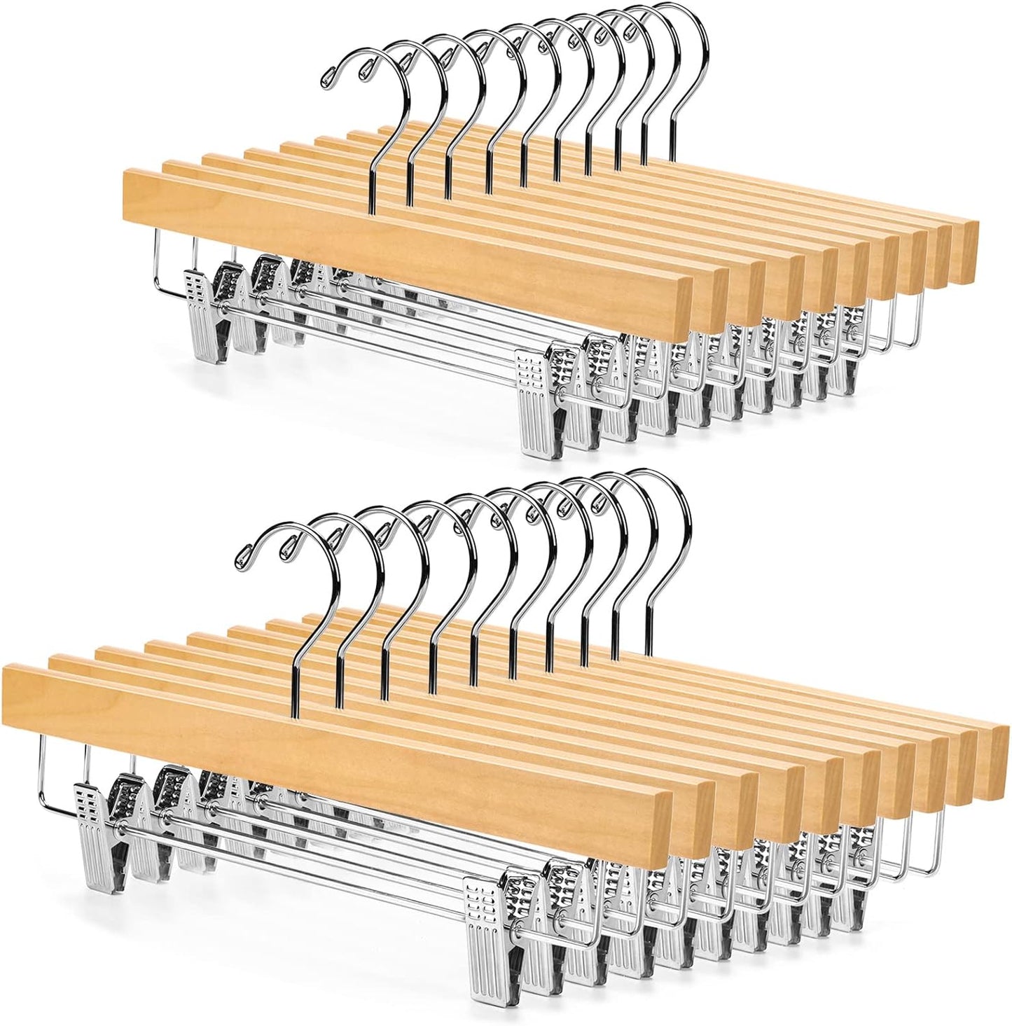 Nature Smile Wooden Pants Hangers - Solid Lotus Wood Clips for Skirts & Jeans | 20 Pack in Natural Color