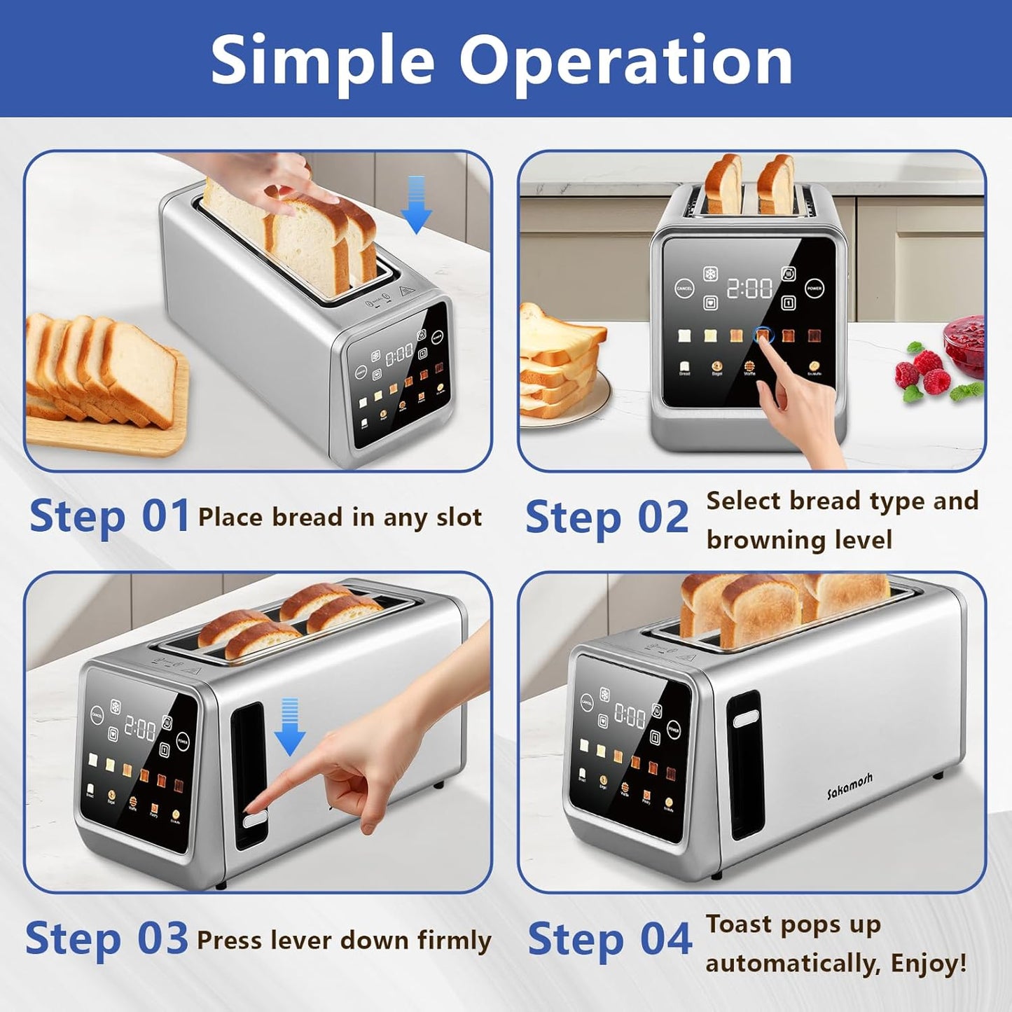 SAKAMOSH Smart Toaster - 4 Slice Digital Toaster with Touch Screen & 6 Browning Levels | Stainless Steel
