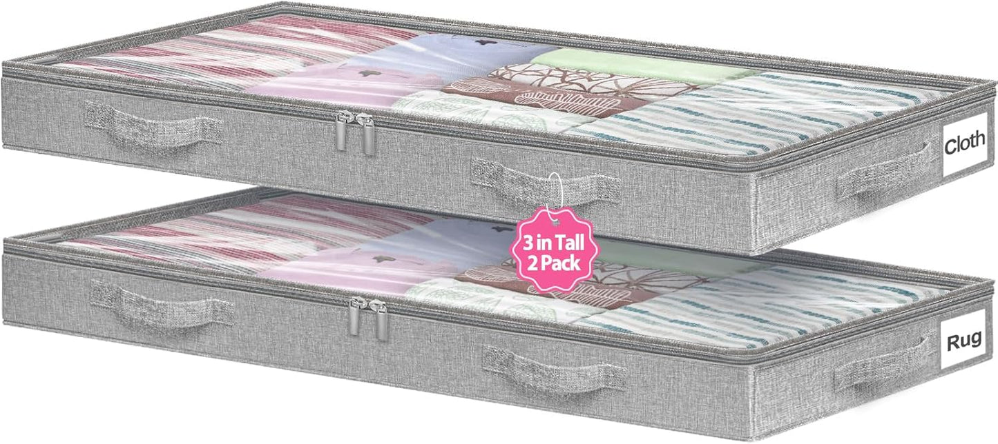 Under Bed Storage Containers by [Brand Name] - Foldable Clothes Organizer with Lid & Zipper | 3-Inch Low Profile, Gray, 2-Pack
