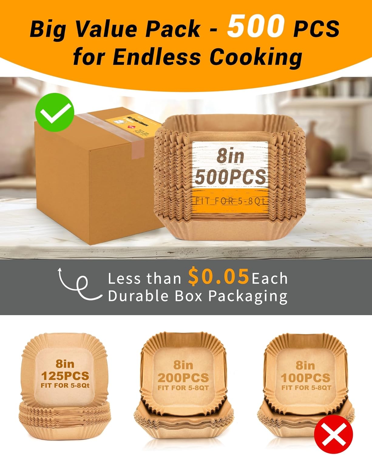 Skiennix Air Fryer Paper Liners - 500 Pcs Non-Stick Parchment for 5-8 QT Air Fryers | 8” Square, Oil Proof