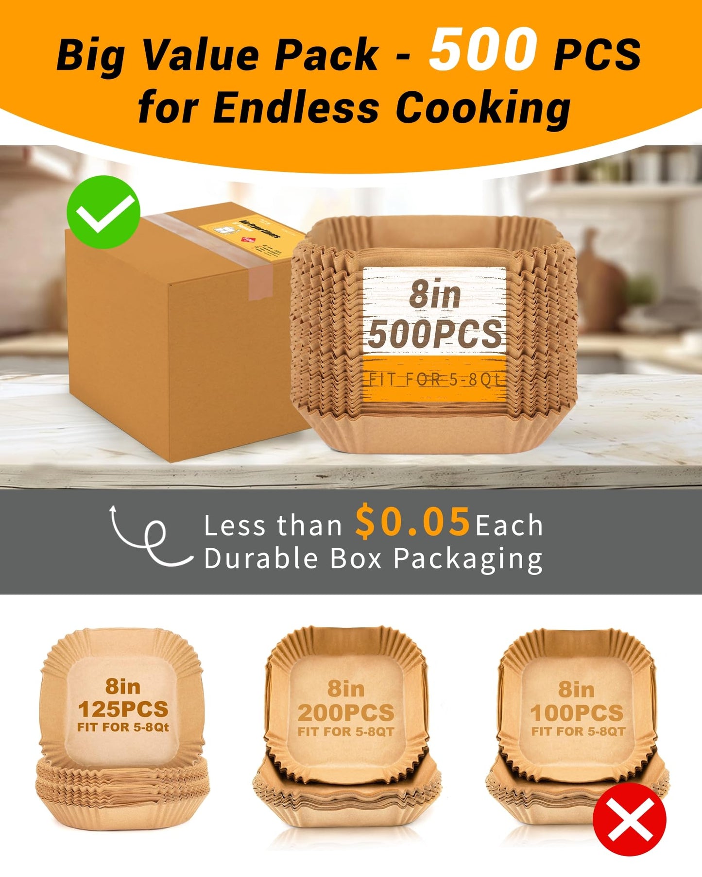 500Pcs Air Fryer Paper Liners, 8” Square Disposable Parchment Paper Liner for 5-8 QT Air Fryer, Non-Stick, Oil Proof Unbleached Airfryer for Baking, Roasting Microwave