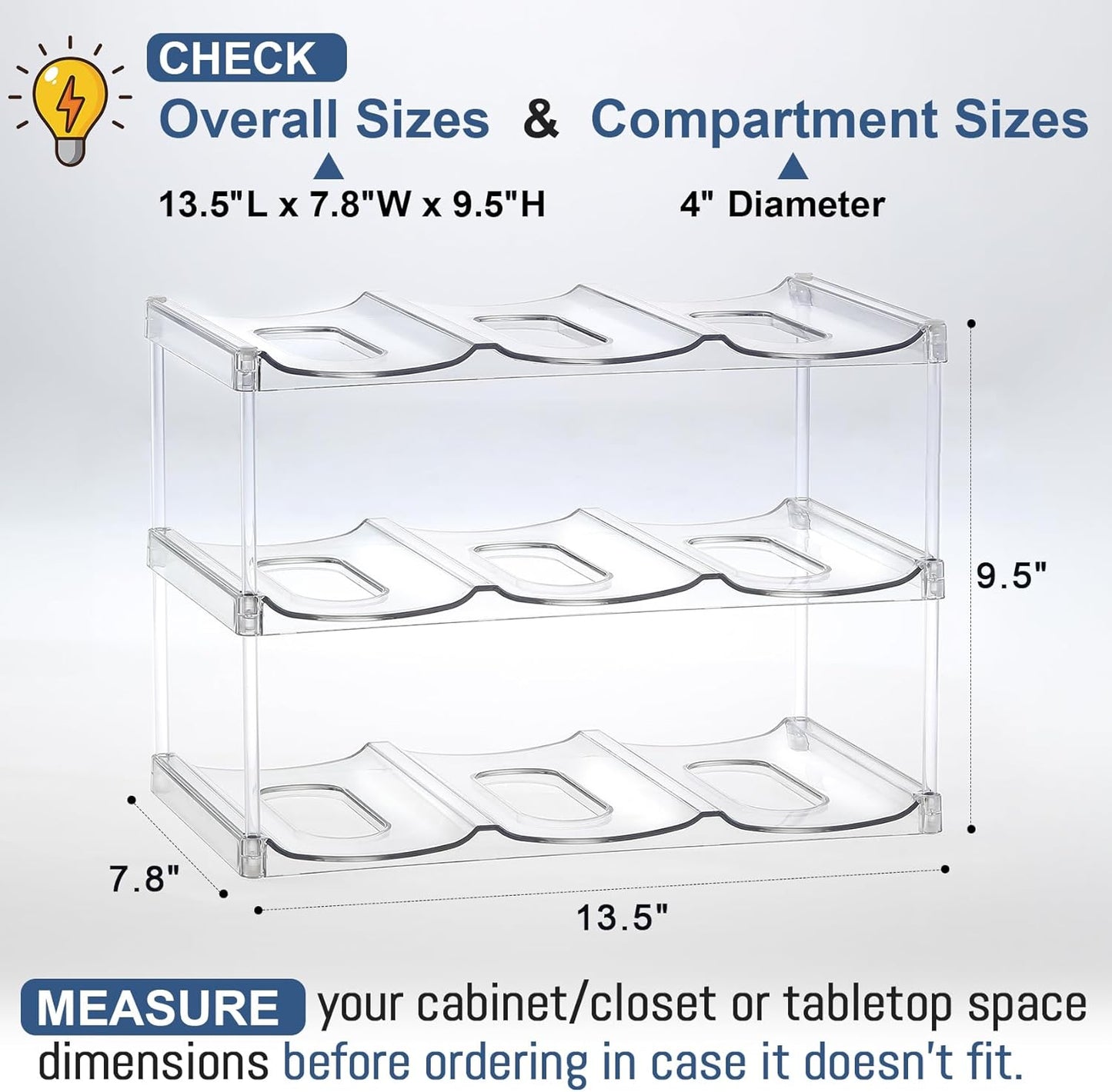 Skiennix Stackable Water Bottle Organizer - Large Compartment for Stanley Tumblers - Clear 3-Tier Holder for Cabinets & Countertops