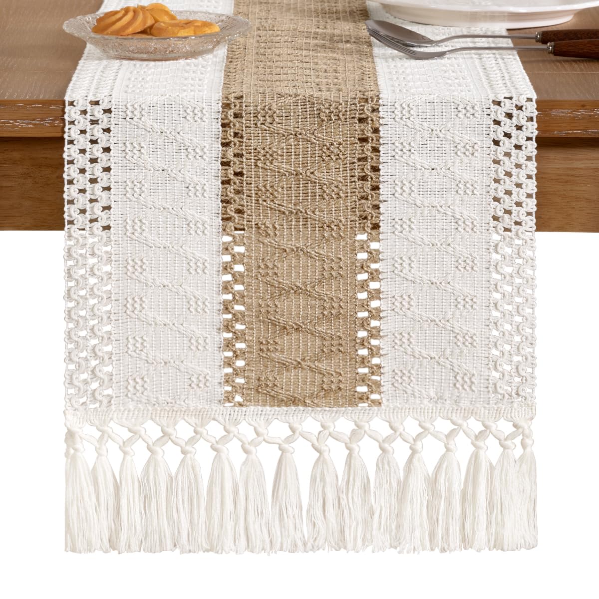 Socomi Boho Table Runner Easter Spring Farmhouse Rustic Dining Kitchen Centerpiece Decor Small Macrame Woven Cotton Linen Coffee Table Runner for Dresser Scarf Home Decor 12x72 inch