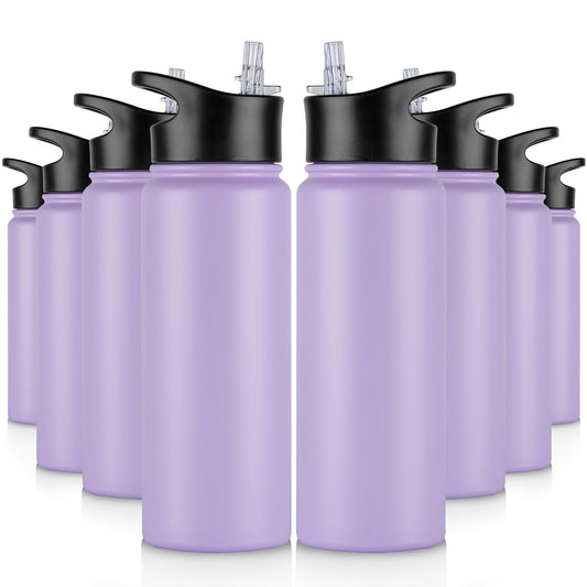 VQRRCKI 24 oz Insulated Water Bottle Bulk 8 Pack, Stainless Steel Sports Water Bottles with Straw Lid & Wide Mouth Lids, Double Walled Vacuum, Leak Proof, Purple