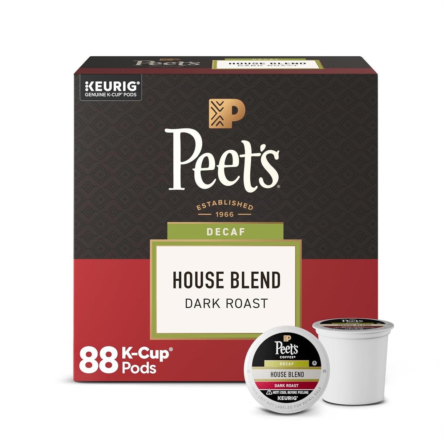 Peet's Coffee Dark Roast Decaf K-Cup Pods - Decaffeinated Arabica House Blend, 88 Count (4 Boxes)