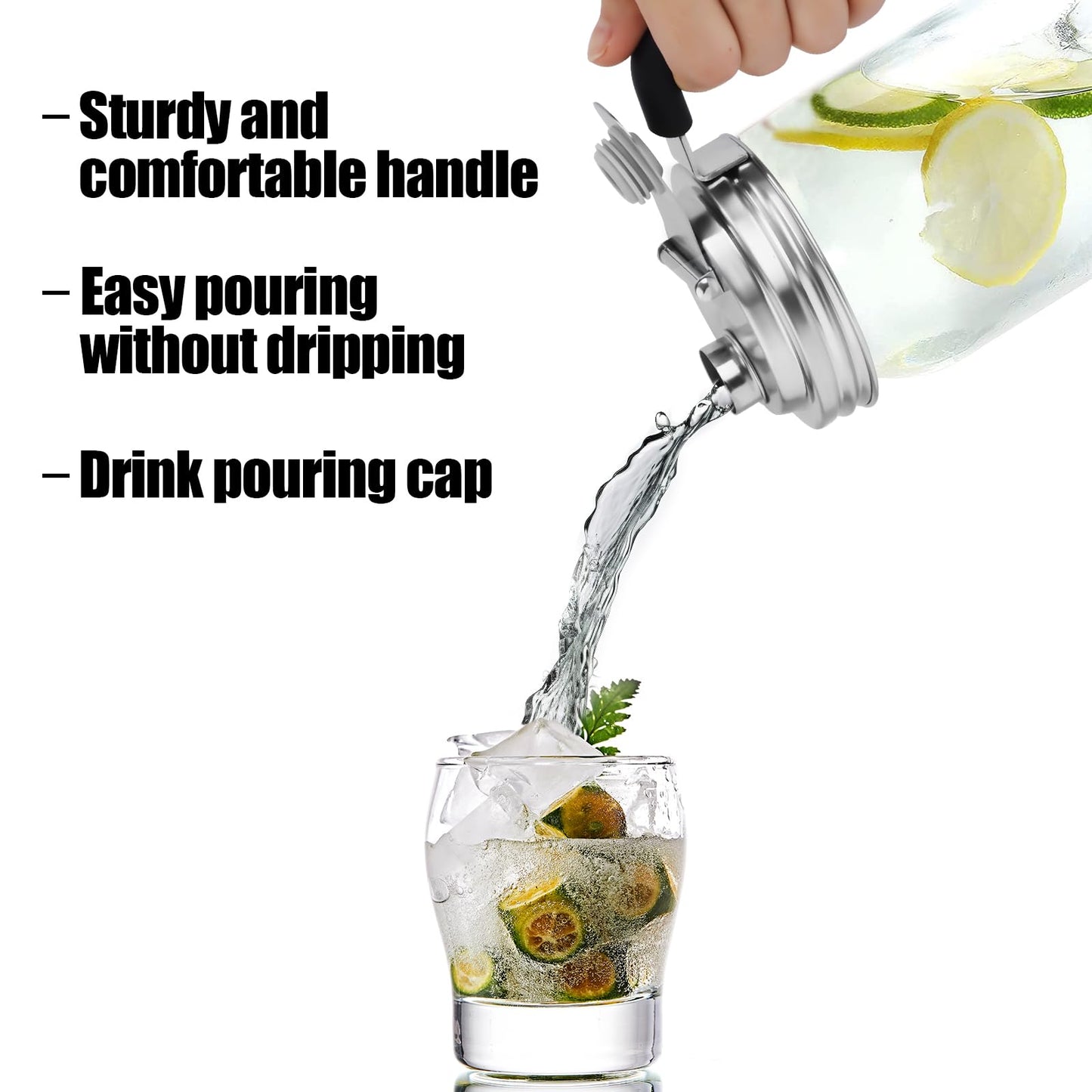 Stainless Steel Pour Spout Lids - Wide Mouth Mason Jar Lids with Handle - 2 Pcs