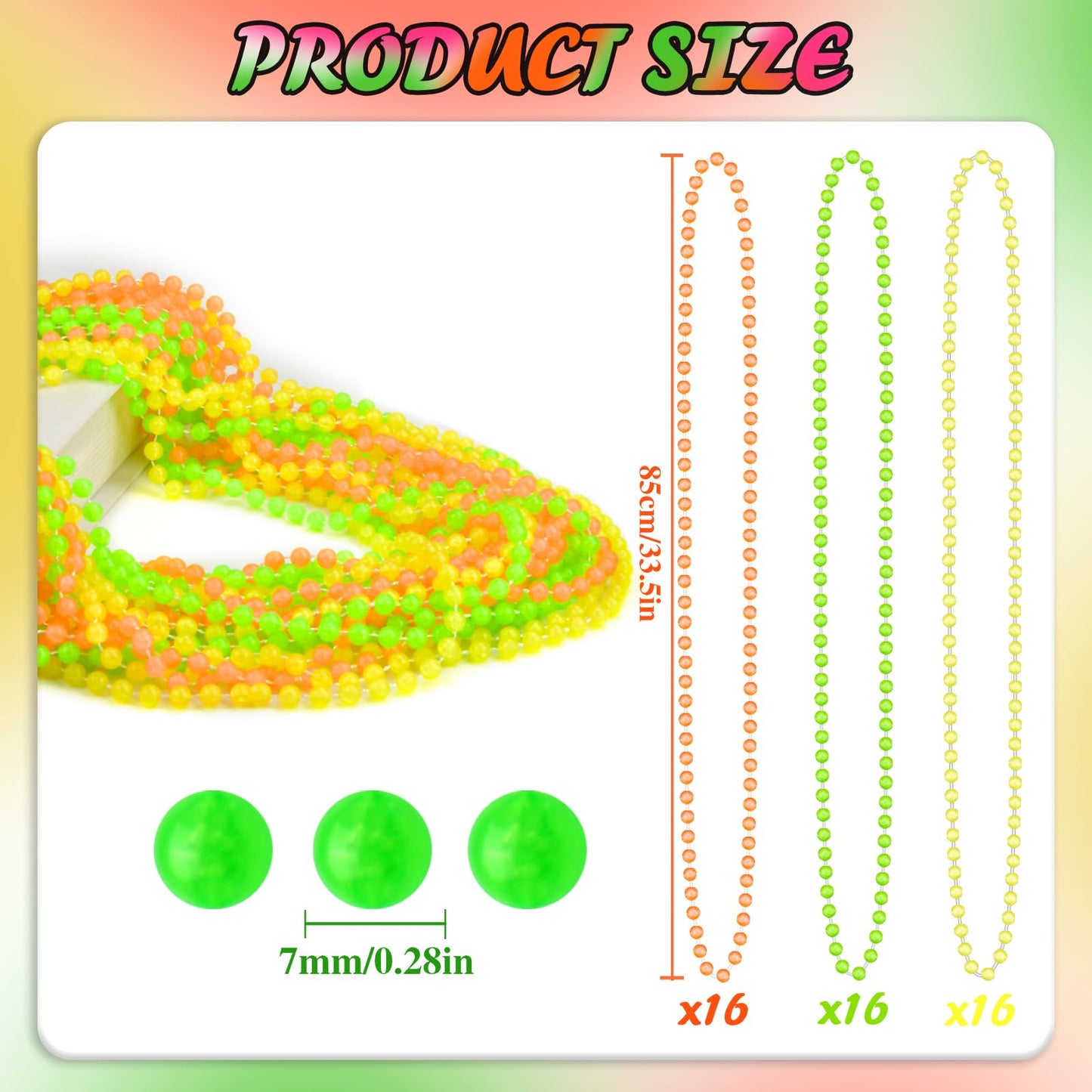 ABONDEVER 48PCS Glow in the Dark Beads Necklaces Glow Party Supplies, 33" Yellow Green Orange UV Black Light Necklaces for Glow Party Favors Night Accessories, Halloween Birthday Party Decorations