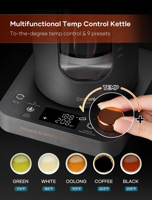 Electric Tea Kettle, INTASTING Glass Electric Kettle with tea Infuser and Precise knob temperature control, 1200W Fast Heating, BPA-Free, Easy to Clean, 1 Liter (Cream White)