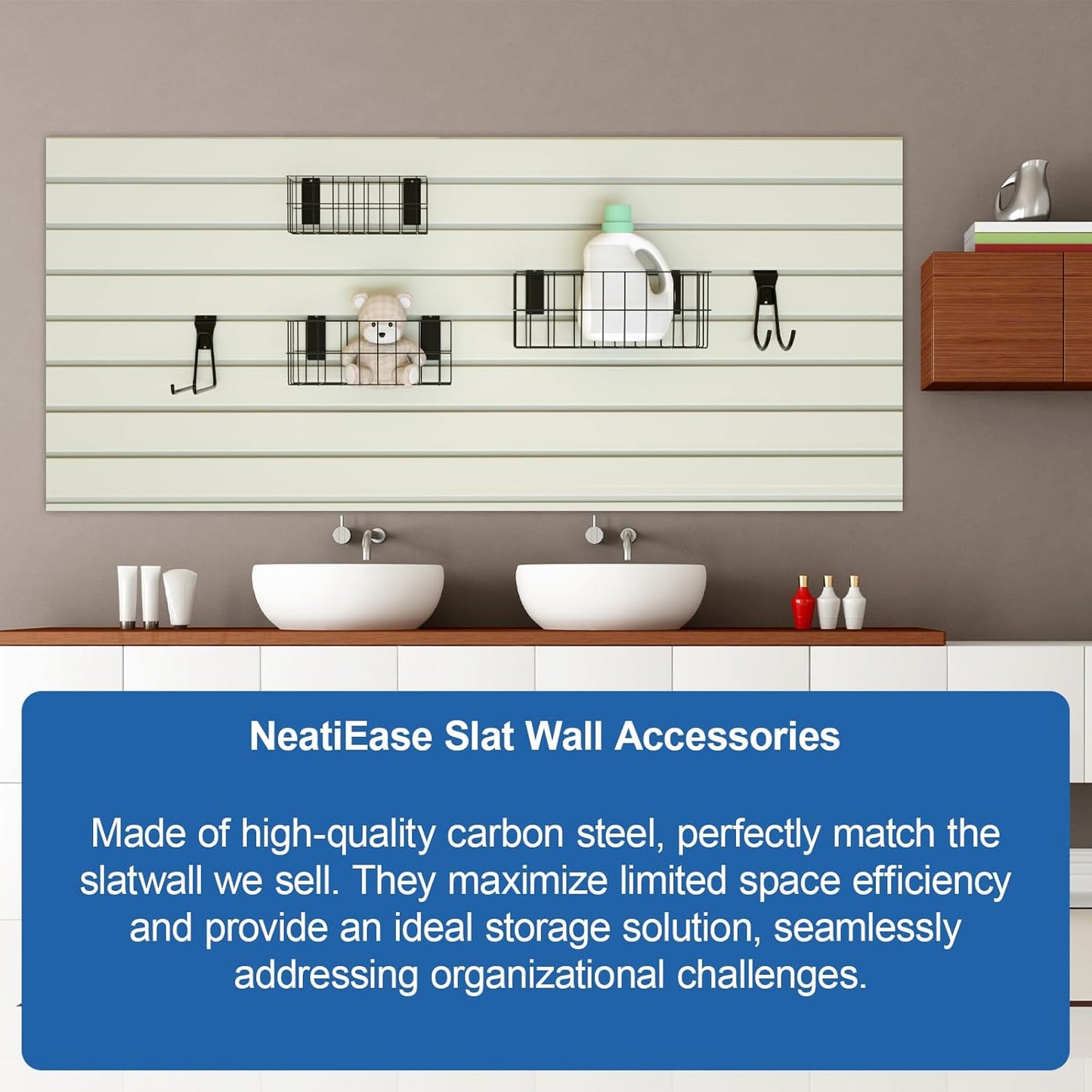 NeatiEase 29 PCS Slatwall Accessories Kit - Versatile Storage Solutions with Baskets & Heavy-Duty Hooks
