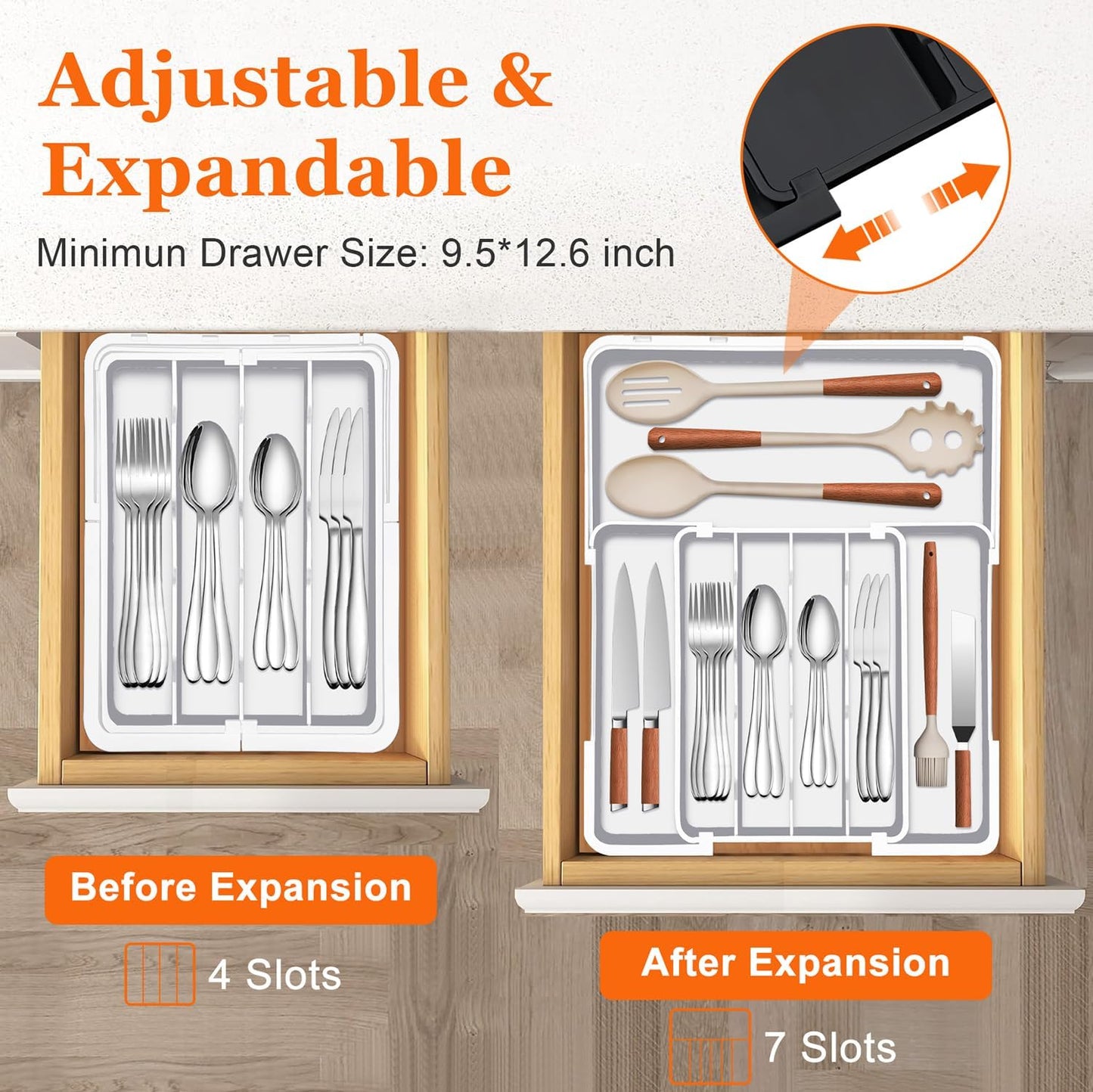 Spaclear Silverware Organizer - Expandable BPA-Free Utensil Drawer Organizer with 7 Compartments | White