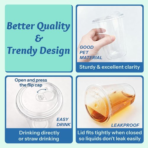 Homestockplus 15 oz Clear Plastic Cups - Leak-Proof, BPA-Free Strawless Sip Lids | 100 Pack for Iced Coffee, Smoothies & Parties