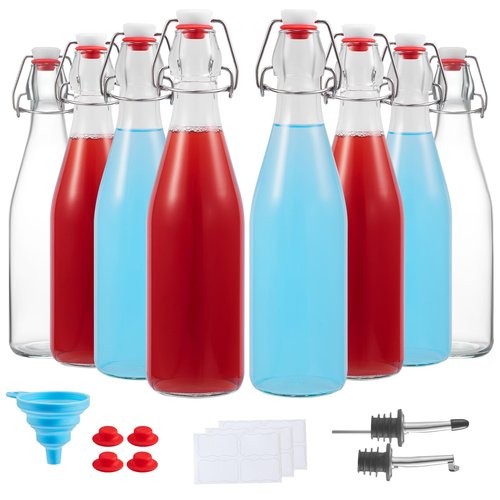 8 Set, 16 OZ Swing Top Glass Bottles - Flip Top Beer Brewing Bottles with Stopper for 2nd Fermentation, Kombucha, Mead Kefir, Vanilla Extract, Juice, Tea, Wine - Airtight Cap Lids, Bonus 2 Pourers