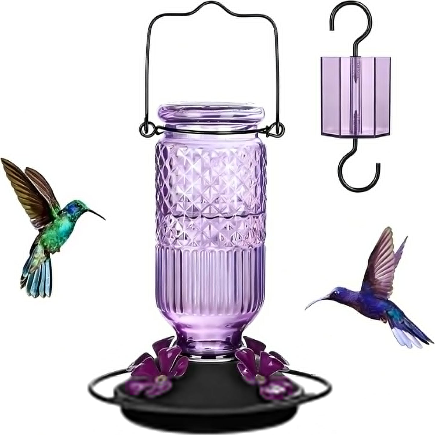 FEED GARDEN Glass Hummingbird Feeder - 16 oz Outdoor Feeder with Bee-Proof Ports & Ant Moat, Purple