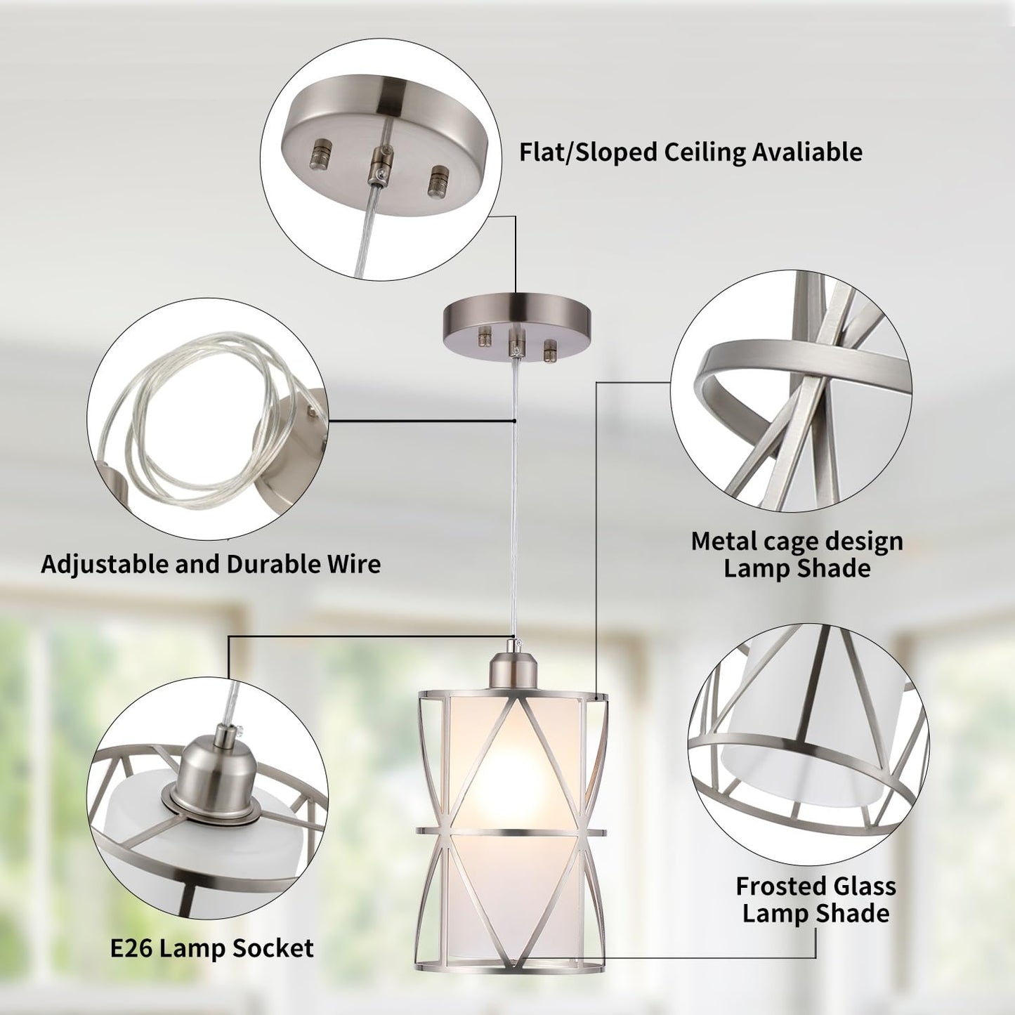 Zlierop Pendant Light with Frosted Glass, Modern Pendant Lights Kitchen Island, Brushed Nickel Pendant Light Fixtures, Cylindrical Pendant Lighting for Kitchen Island, Dining Room, Foyer