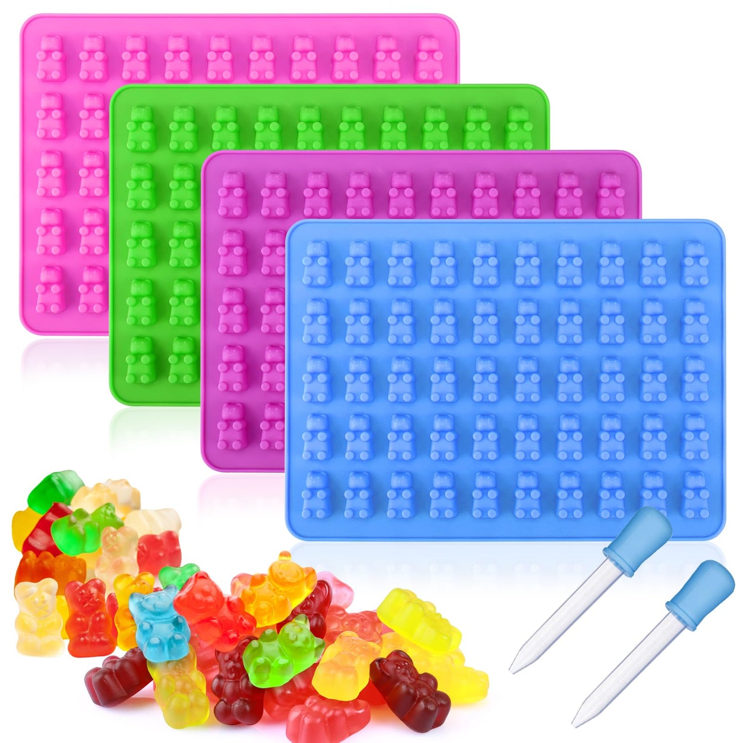 Palksky 4Pcs Gummy Bear Mold Silicone, Fruit Snack Molds, Gummies Trays Molds with Dropper for Candy Chocolate