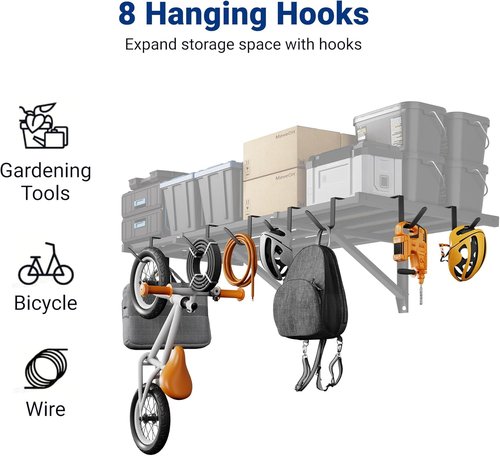FLEXIMOUNTS Heavy-Duty Garage Wall Shelving - 2x4ft Wall-Mounted Storage with 8 Hooks, 400lbs Capacity