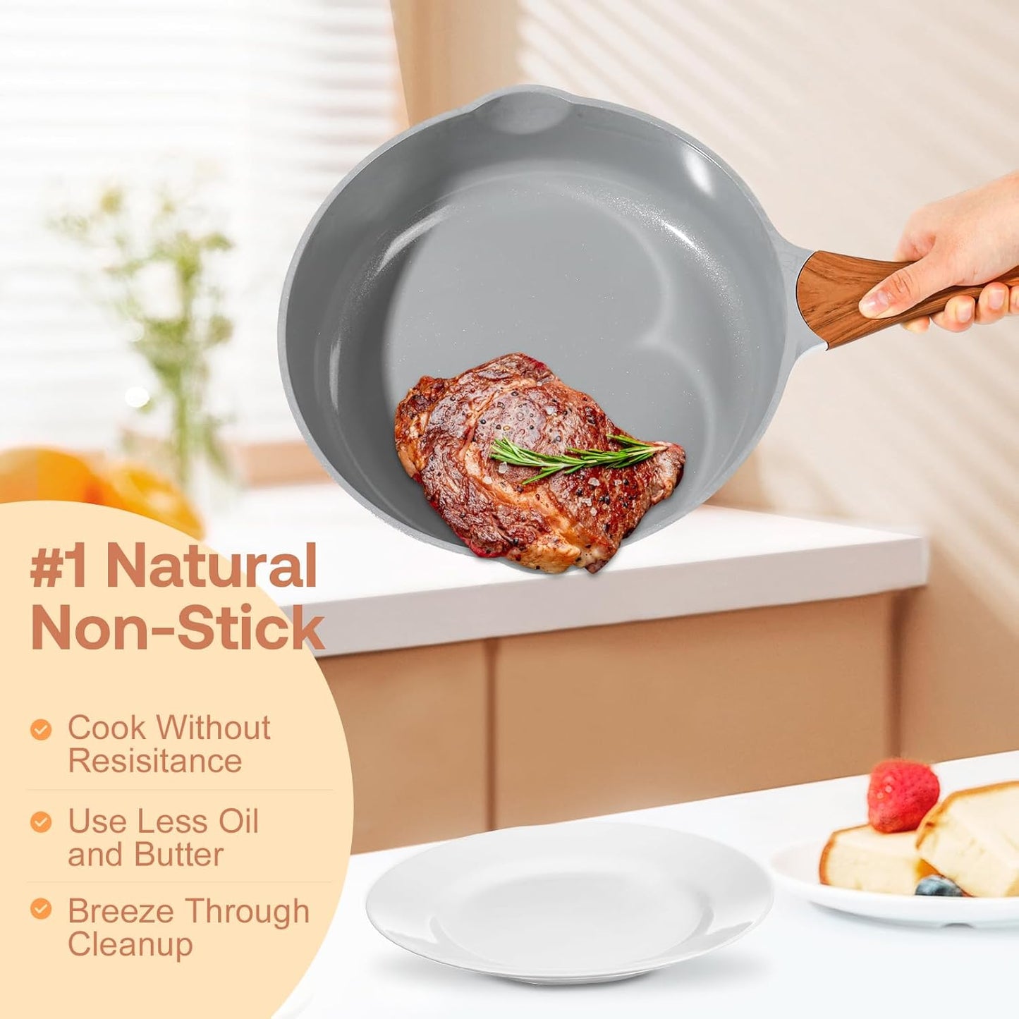 Skiennix Nonstick Frying Pan - 11-Inch Ceramic Skillet with Lid & Pour Spout | PFOA-Free, White