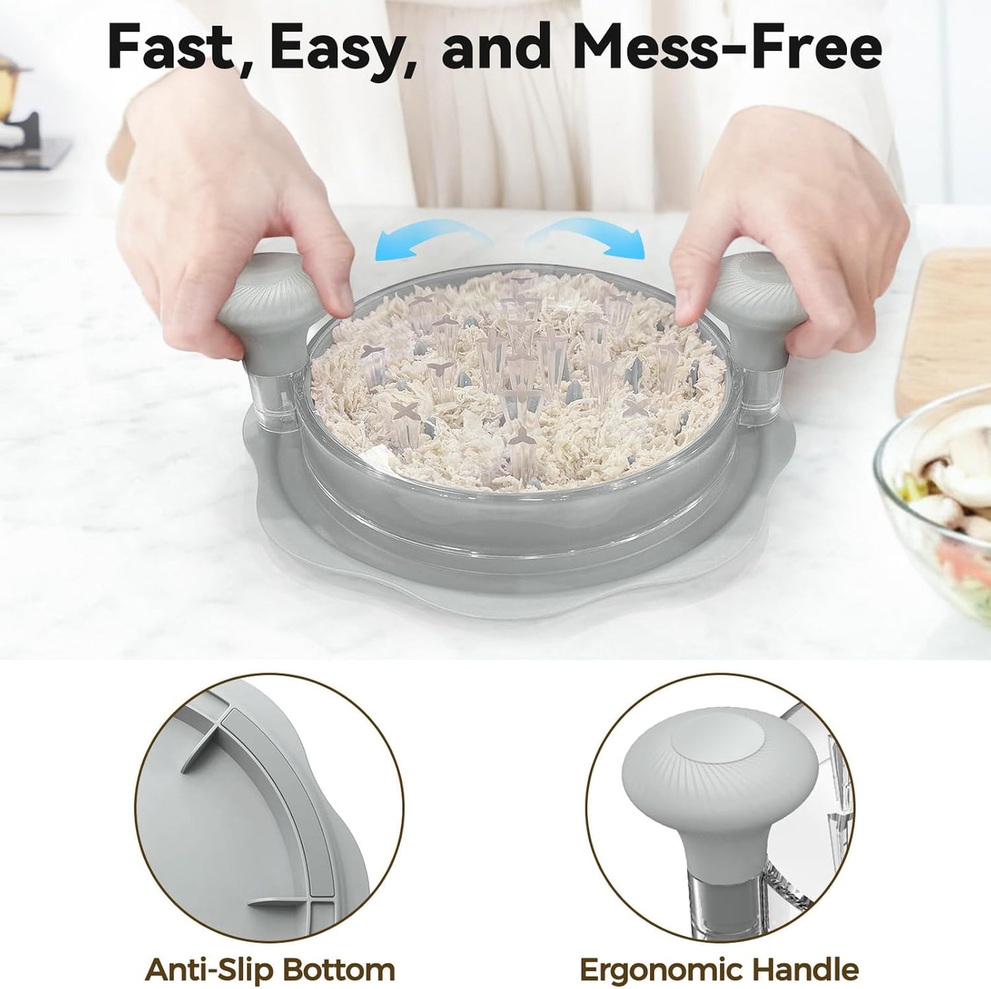 Ukeetap 10" Pro Chicken Shredder Tool - BPA-Free Meat Grinder with Ergonomic Handle & Anti-Slip Base, Gray
