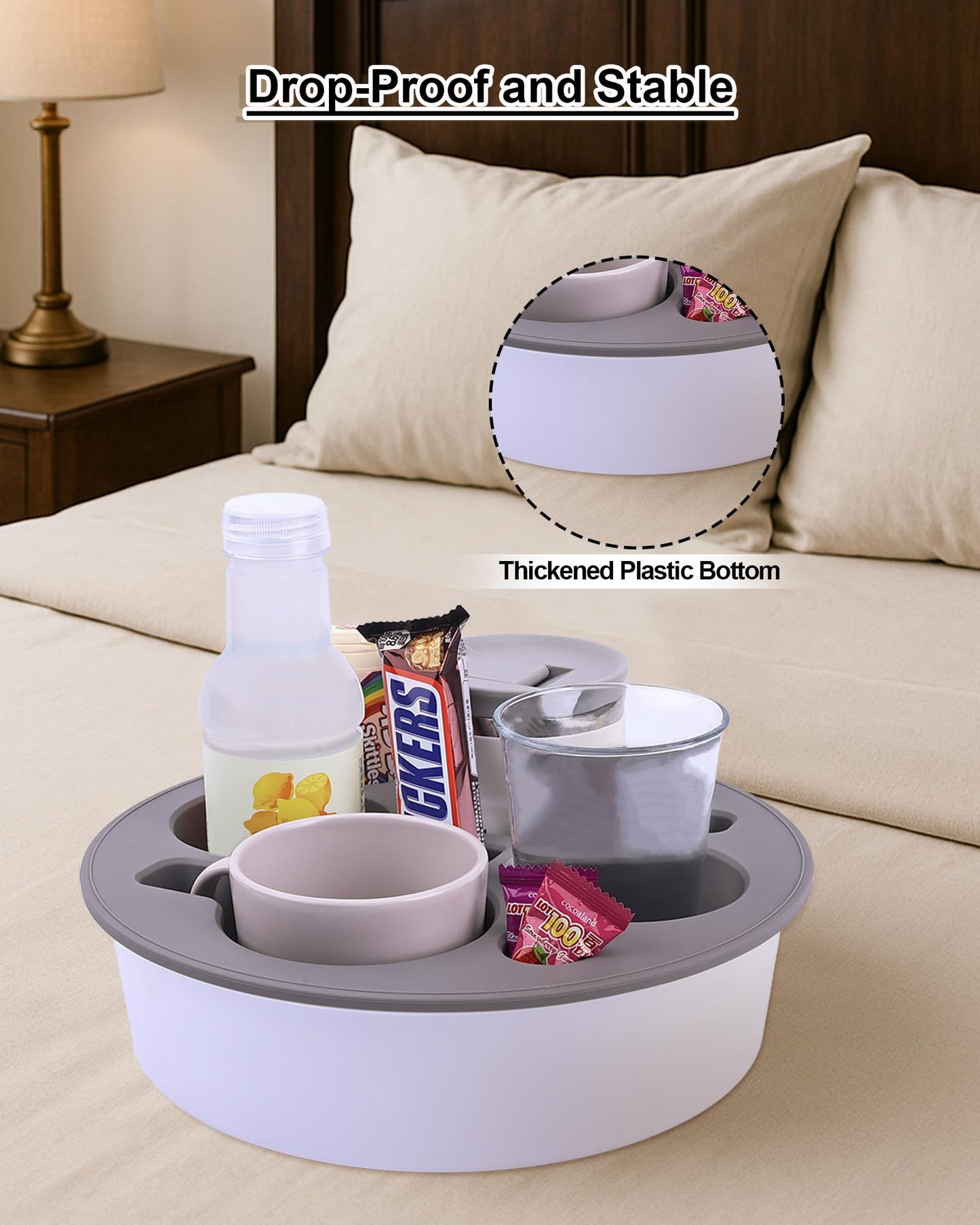 Couch Cup Holder Tray Round, Bonfixe 4-Cups Bedside Drink Holder for Elderly/Pregnancy, Stable Non-Spill Silicone Couch Caddy for Remote Control, Glasses‌, Snacks, Phones‌ (Black)